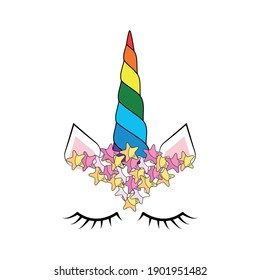 Cara de unicornio. Carácter gracioso con flores de rosa. Diseño de impresión de tarjetas y camisetas. Ilustración colorida aislada sobre fondo blanco.