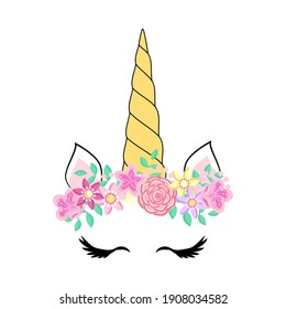 Cute unicorn face. Funny character with rose flowers. Card and shirt print design. Colorful illustration isolated on white background.