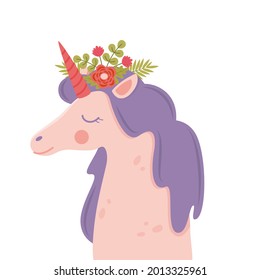 Cute unicorn face. Funny character with flowers decoration. Cartoon illustration for children's fashion fabrics, textile graphics, prints, cards. Colorful vector illustration
