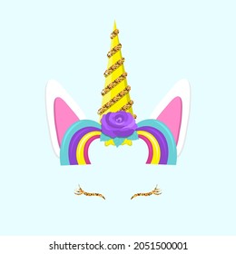 Cute unicorn face. Funny character with flowers. Colorful vector illustration isolated on blue background.