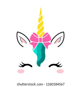 Cute unicorn face with gold horn and decorative pink bow isolated on white background. Vector cartoon character illustration. Design for child card,t-shirt.girls,kid.magic concept.
