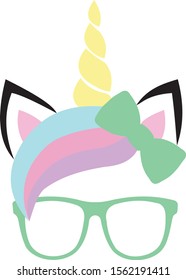 Cute Unicorn face with gold horn ,green sunglasses and bow vector illustration isolated on white background.Design for child card,shirt print design for girl,kid.Magic concept