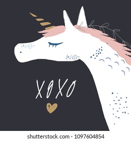 Cute unicorn face, hugs and kisses sign. Vector, clipart, isolated details. Editable elements.