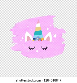 Cute Unicorn Face And Pink Blob Transparent Background, Vector Illustration