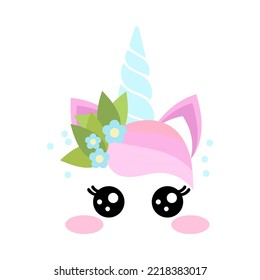 Cute unicorn face with pink hair and leaves cartoon illustration. Pretty magic animal head with blue horn and plants or birthday decoration for cake on white background. Fantasy, dream concept