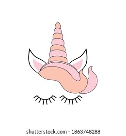 Cute unicorn face with rainbow flowers. Birthday decoration theme illustration