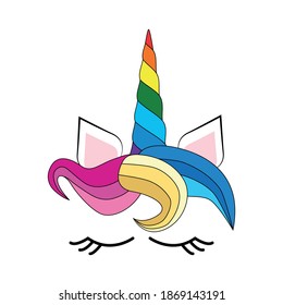 Cute unicorn face with rainbow flowers. Birthday decoration theme illustration