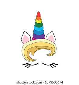 Cute unicorn face with rainbow flowers. Birthday decoration theme illustration