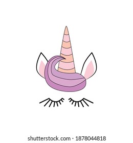 Cute unicorn face with rainbow flowers. Birthday decoration theme illustration