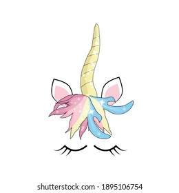 Cute unicorn face with rainbow flowers. Birthday decoration theme illustration