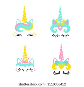 Cute Unicorn Face Setunicorn Headvector Illustrationcute Stock Vector ...