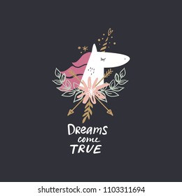 Cute unicorn face and sign, dreams come true. Magical print. Vector and jpg image. Clipart, isolated details, handcrafted.