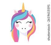 Cute unicorn face vector illustration with colorful rainbow hair, golden horn, and closed eyes. Perfect for children