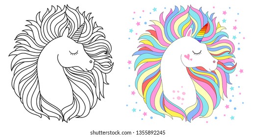 Cute unicorn face. Vector illustration for coloring book white unicorn with rainbow hair. Set of colored an outline versions