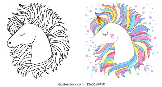 Cute unicorn face. Vector illustration for coloring book white unicorn with rainbow hair. Set of colored an outline versions