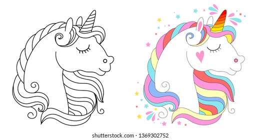 Cute Unicorn Face. Vector Illustration For Coloring Book White Unicorn With Rainbow Hair. Set Of Colored An Outline Versions