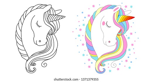 Cute unicorn face. Vector illustration for coloring book white unicorn with rainbow hair. Set of colored an outline versions