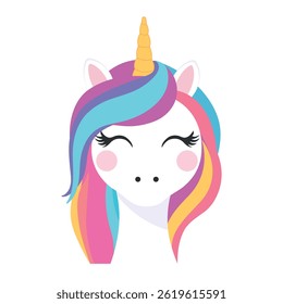 Cute unicorn face vector illustration with colorful rainbow hair, golden horn, and closed eyes. Perfect for children's designs, party invitations, nursery decor, and magical themes.