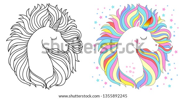 Cute Unicorn Face Vector Illustration Coloring Stock Vector