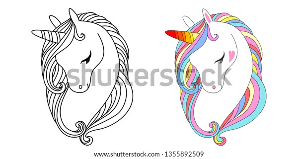 Cute Unicorn Face Vector Illustration Coloring Stock Vector