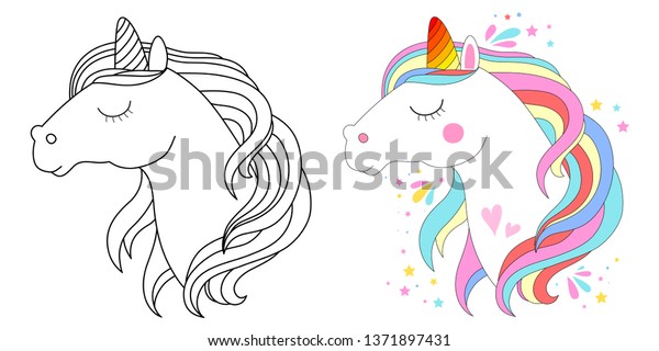 Cute Unicorn Face Vector Illustration Coloring Stock Vector