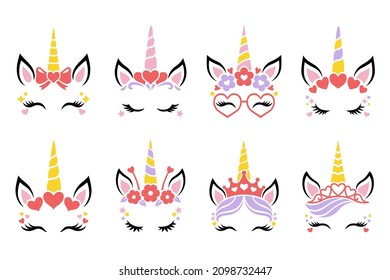 Cute unicorn face vector. Set for Valentines Day. Funny faces with heart, flower wreath, glasses, crown, hair bow,unicorn horn for girls. Magic characters. Illustrations isolated on white background.