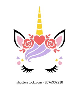 Cute unicorn face vector for Valentines Day. Funny animal with heart, flowers and unicorn horn for girls or woman. Magic character. Illustration isolated on white background.