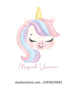 Cute unicorn face watercolor dreamy nursery Art illustration. Magical Unicorn.