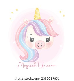 Cute unicorn face watercolor dreamy nursery Art illustration. Magical Unicorn.