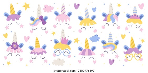 Cute unicorn se enfrenta a ilustraciones planas. Ilustración del vector