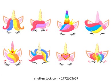 Cute unicorn faces. Unicorn heads. Unicorn constructor. Vector illustration