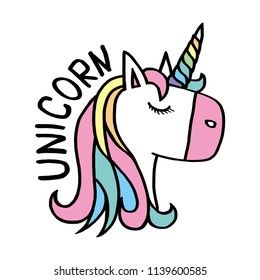 Cute unicorn face.Vector cartoon character illustration.Design for child card,t-shirt.Girls,kid.magic concept.Isolated on white background.Cute unicorn horse with gold horn and beauty rainbow hair