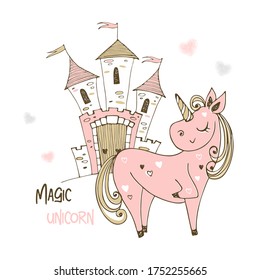 Cute unicorn and fairy castle. Vector.