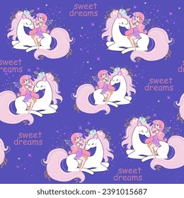 Cute unicorn, fairy and flowers seamless pattern. Vector illustration for t-shirt design, nursery for kids