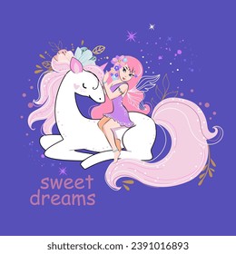 Cute unicorn, fairy and flowers. Vector illustration for t-shirt design, nursery for kids