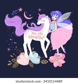 Cute unicorn and fairy in space. Vector illustration for t-shirt design, nursery for kids in boho style