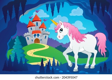 Cute unicorn in fairy tale cave - eps10 vector illustration.