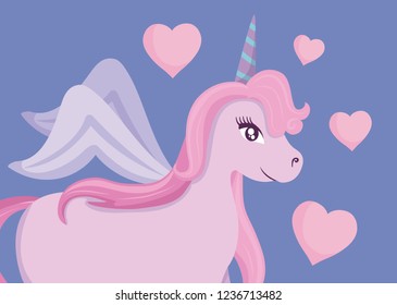 cute unicorn of fairy tale with hearts