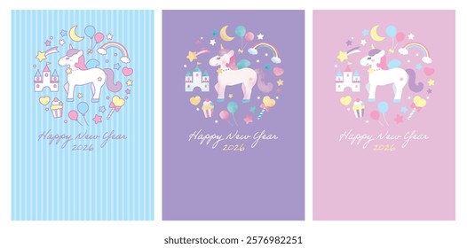 Cute unicorn fairy tale New Year's cards