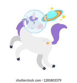 Cute unicorn. Fairytale animal in astronaut helmet looking at the rainbow planet. Vector illustration, isolated on white background. Design for poster, sticker or t-shirt.