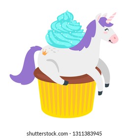 Cute unicorn. Fairytale animal lying on cupcake. Vector illustration, isolated on white background. Design for poster, sticker or t-shirt.