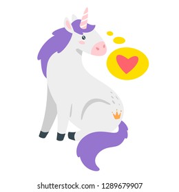 Cute unicorn. Fairytale animal with speech bubble and heart. Vector illustration, isolated on white background. Design for poster, sticker or t-shirt.