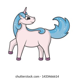 Cute unicorn fancy sticker. Print for baby t-shirt. Vector illustration of a girlish fairy pony for kids. Magical drawing.