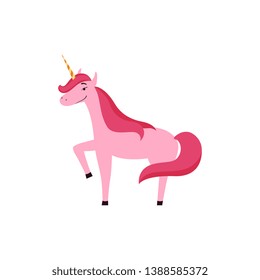 Cute unicorn fantasy cartoon character vector illustration in flat style isolated on white background. Fairy tail magic horse for cards and prints or books.