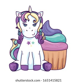 cute unicorn fantasy with cupcake isolated icon vector illustration design