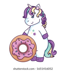 cute unicorn fantasy with donut isolated icon vector illustration design