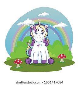 cute unicorn fantasy in landscape with rainbow vector illustration design