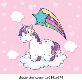 cute unicorn fantasy with shooting star vector illustration design