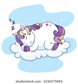 cute unicorn fantasy sleeping in cloud vector illustration design