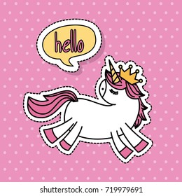 cute unicorn fantasy speech bubble hello dots background